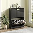 JOZZBY Shoe Cabinet Storage for Entryway, Freestanding Narrow Slim Shoe Organizer Cabinet with 2 Flip Drawers, Wooden Shoe Rack for Hallway, Living Room, Black1