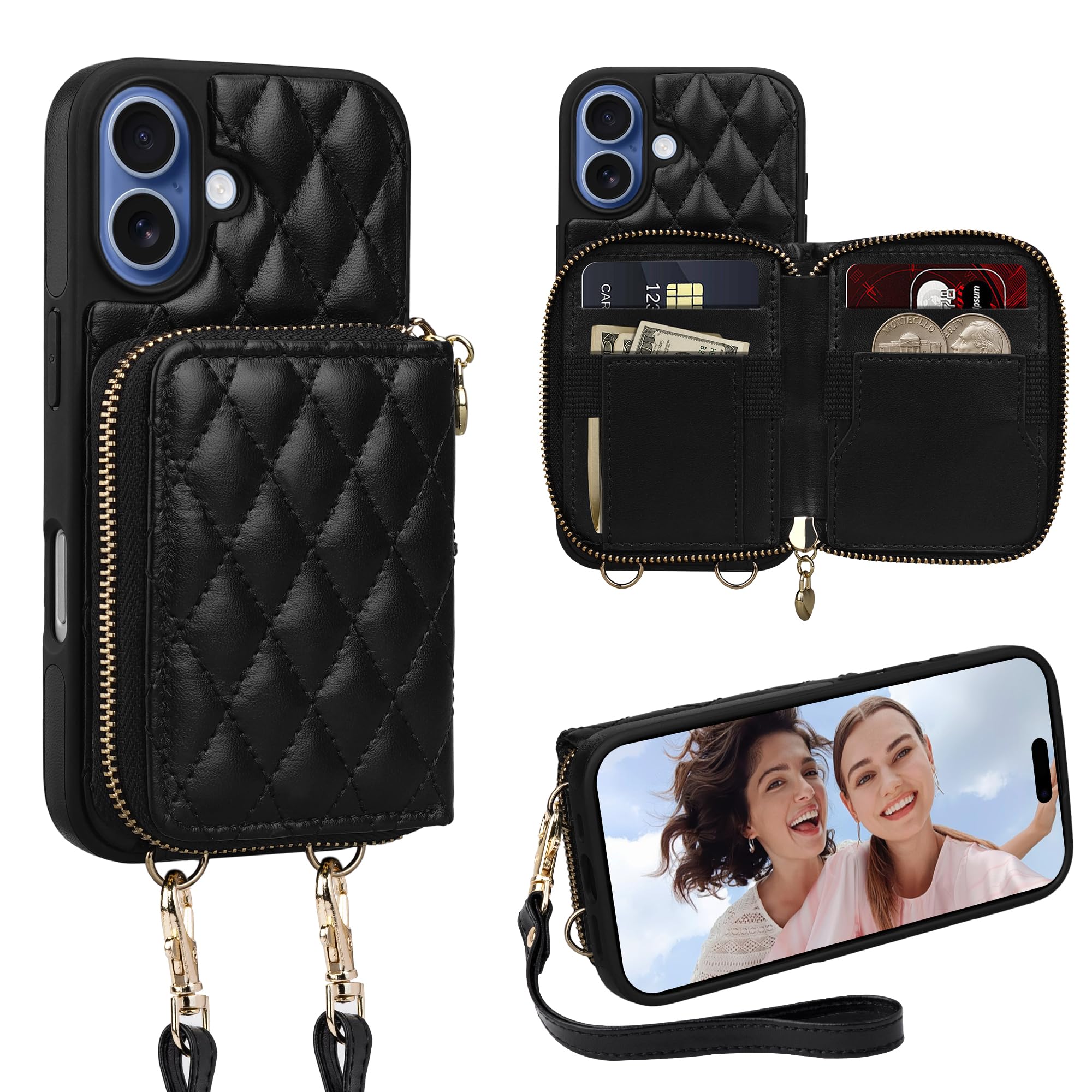 Keallce Case for iPhone 17 6.3'' Wallet Case, Crossbody Zipper Purse with Wrist Strap Lanyard Handbag, RFID Blocking Card Holders, Kickstand Flip Leather Cover for iPhone 17, Black Image