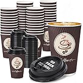 Ovveroche 16 oz Coffee Cups with Lids 50 Pack Brown Disposable Coffee Cups To Go Paper Coffee Cup for Hot Cold Beverages
