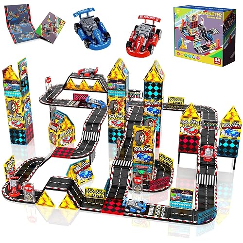 Magnetic Tiles Road Set, Race Track with 2 Car, Magnetic Car Racing for Kids Ages 3 4 5 6 7 8, Magnet Building Blocks STEM Toy Birthday Gifts for 3＋ Years Old Boys Girls