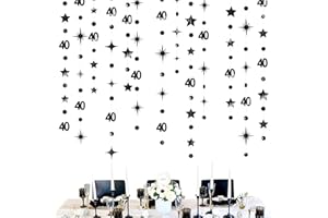 PINKBLUME Black 40th Birthday Decorations Number 40 Circle Dot Twinkle Star Garland Metallic Hanging Streamer Bunting Banner Backdrop for Women Mens 40 Year Old Birthday Forty Anniversary Party Supplies