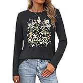 HQP Women's Vintage Floral Long Sleeve T Shirt Boho Floral Printed Shirt Wildflower Graphic Tee Casual Tops