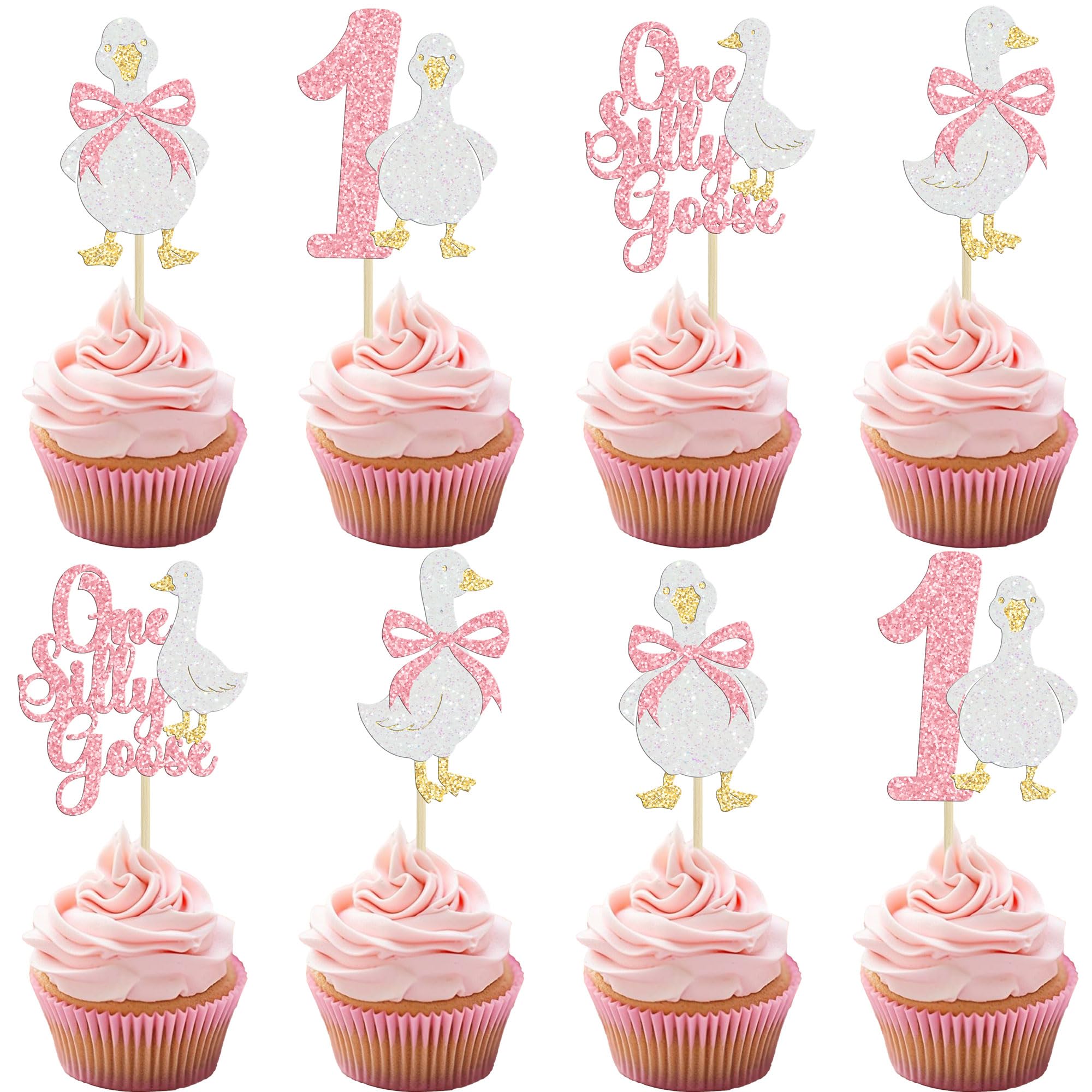 Ephlyn 24Pcs One Silly Goose Cupcake Toppers First Birthday Decorations Silly Goose 1st Birthday Cupcake Pick for Baby Shower Boys Girls First Birthday Party Supplies Muti White Pink — image 1