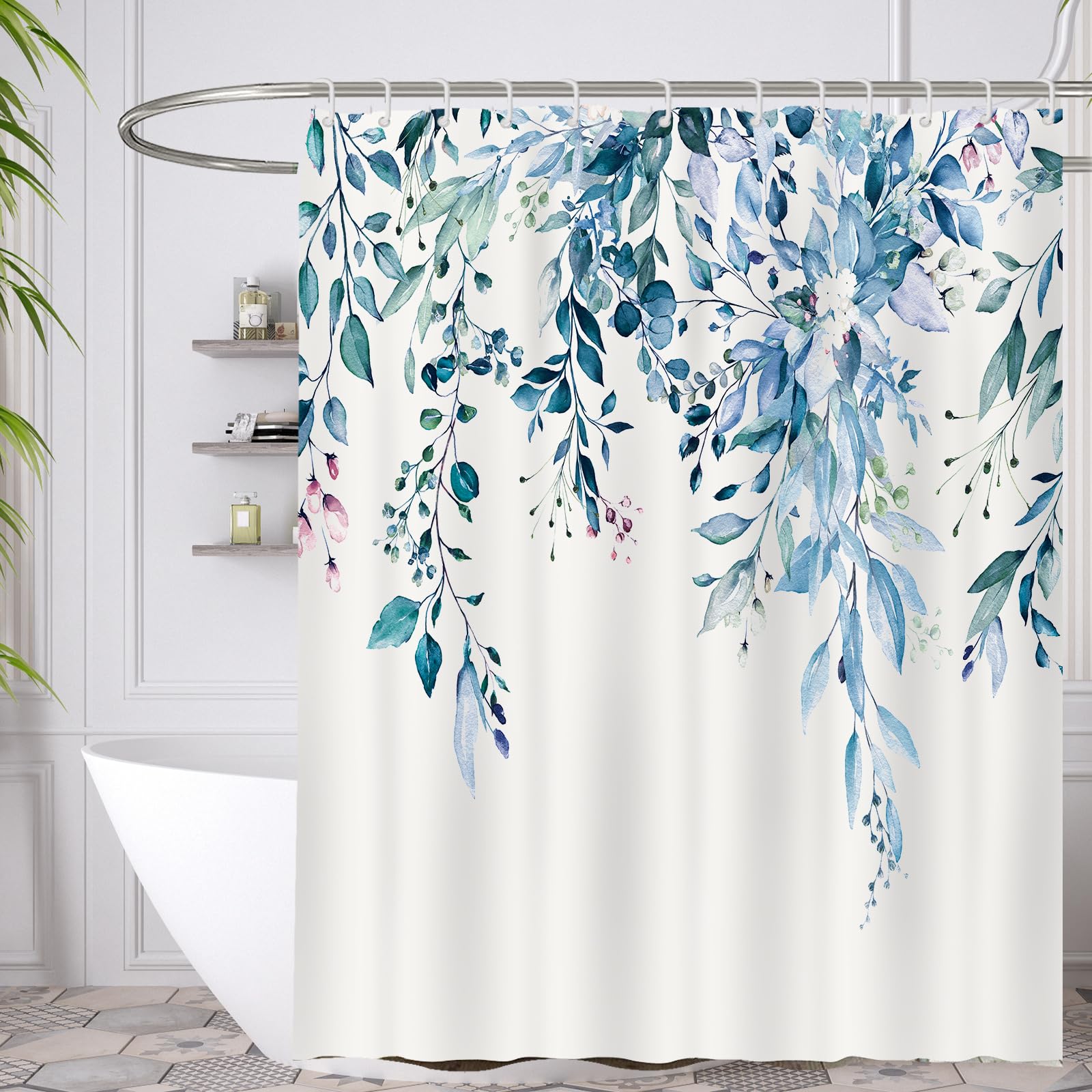 Minicoco Shower Curtain Green Shower Curtains Mould Proof Resistant Waterproof Shower Curtain 100% Polyester Bathroom Shower Curtains with 12 Hooks, 180 x 180 cm (Blue Leaves) — image 1