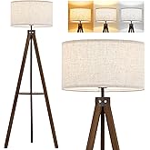 ELYONA Tripod Floor Lamp with Table, Mid Century Wood Shelf Standing Light Modern Tall Floor Lamp with Linen Shade for Living