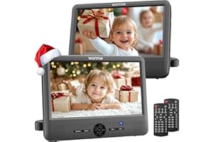 WONNIE 10" Car DVD Players, Portable DVD Player Dual Screen Play Two Different or The Same Movie with Headrest Mounts, 5 Hours Rechargeable Battery, 2 AC Adapters, All Regions, Support USB/SD/Sync TV