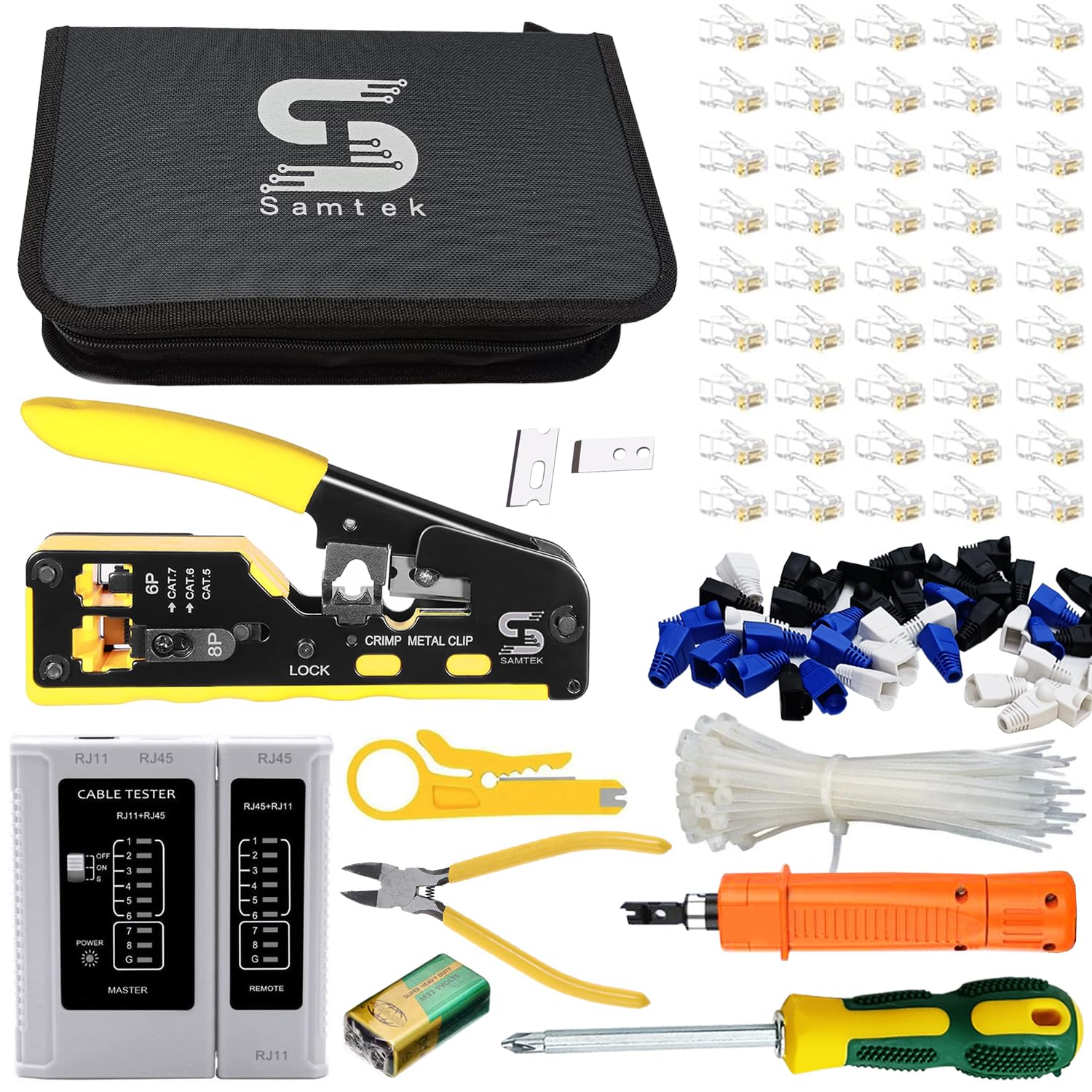 RJ45 Pass Through Crimping Tool Kit, All-in-One Ethernet Network Cable Crimper Set with Cable Tester, Cutter, and Stripper for Cat5 Cat5e Cat6 Connectors, Professional LAN Installation Repair Tool