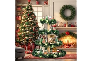 GlikCeil 44pcs 4 Tier Tabletop Wooden Christmas Village Tree Set 1.67 ft Xmas Village Display Stand with Snow Blanket Garland and String Light Christmas Houses Mini Tree DIY for Holiday Decoration