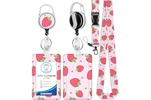 Toykee ID Badge Holder with Lanyard and Retractable Badge Reel Clip, Cute Girly Strawberry Card Name Tag Lanyard Vertical ID Protector Bage Clips for Nurse Nursing Doctor Teacher Student