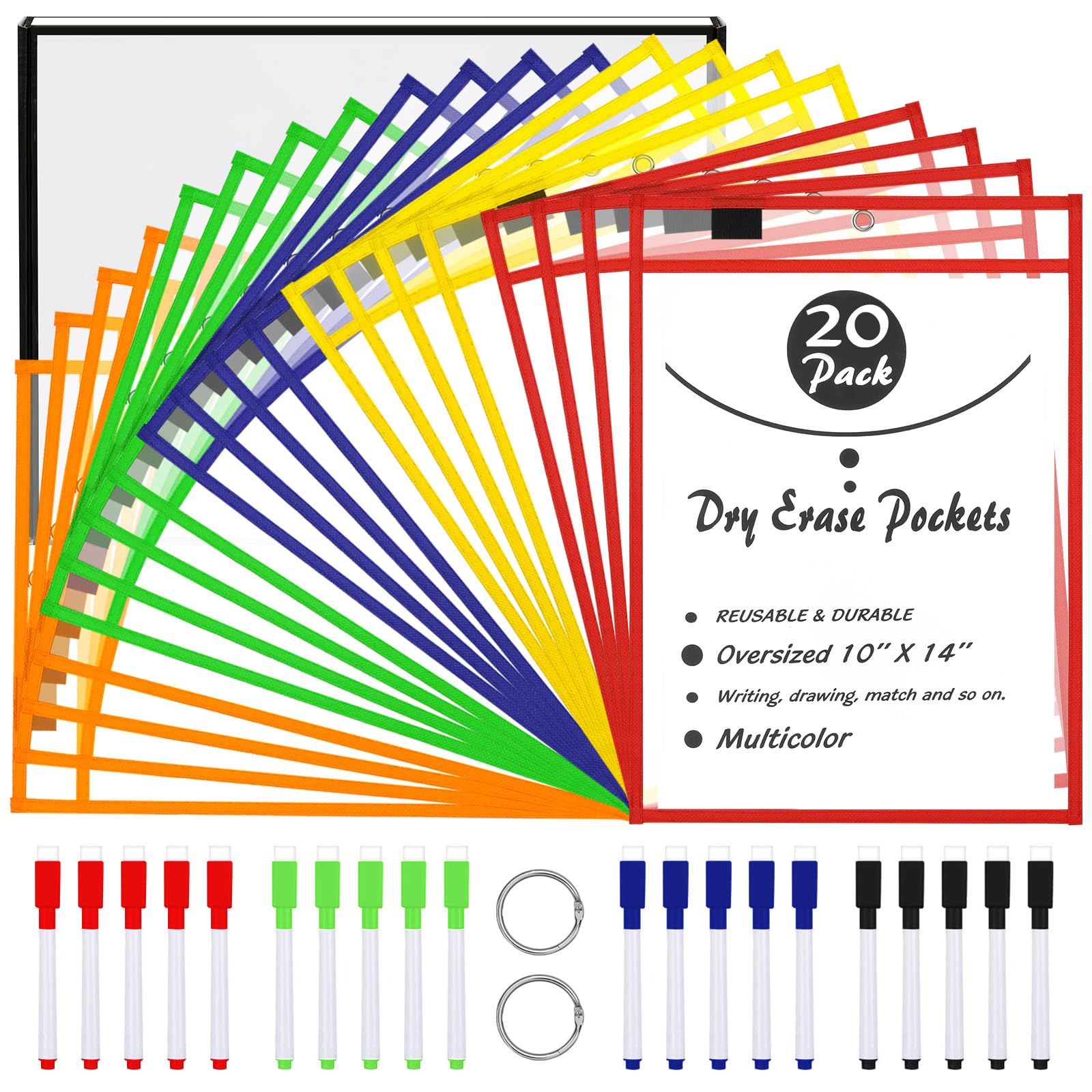 LVNRIDS 20 Pack Dry Erase Pockets Teacher Supplies, 10 x 14 Oversized Reusable Dry Erase Pocket Sleeves with 20 Erase Pens 2 Metal Rings for Paper Classroom School Office Warehouse