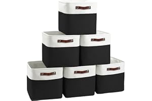 FinishingBo Cube Storage Baskets 6 Pack, 11x11 inch Foldable Cube Storage Bins with Leather Handles for Shelf Closet Nursery Toys (White/ Black)