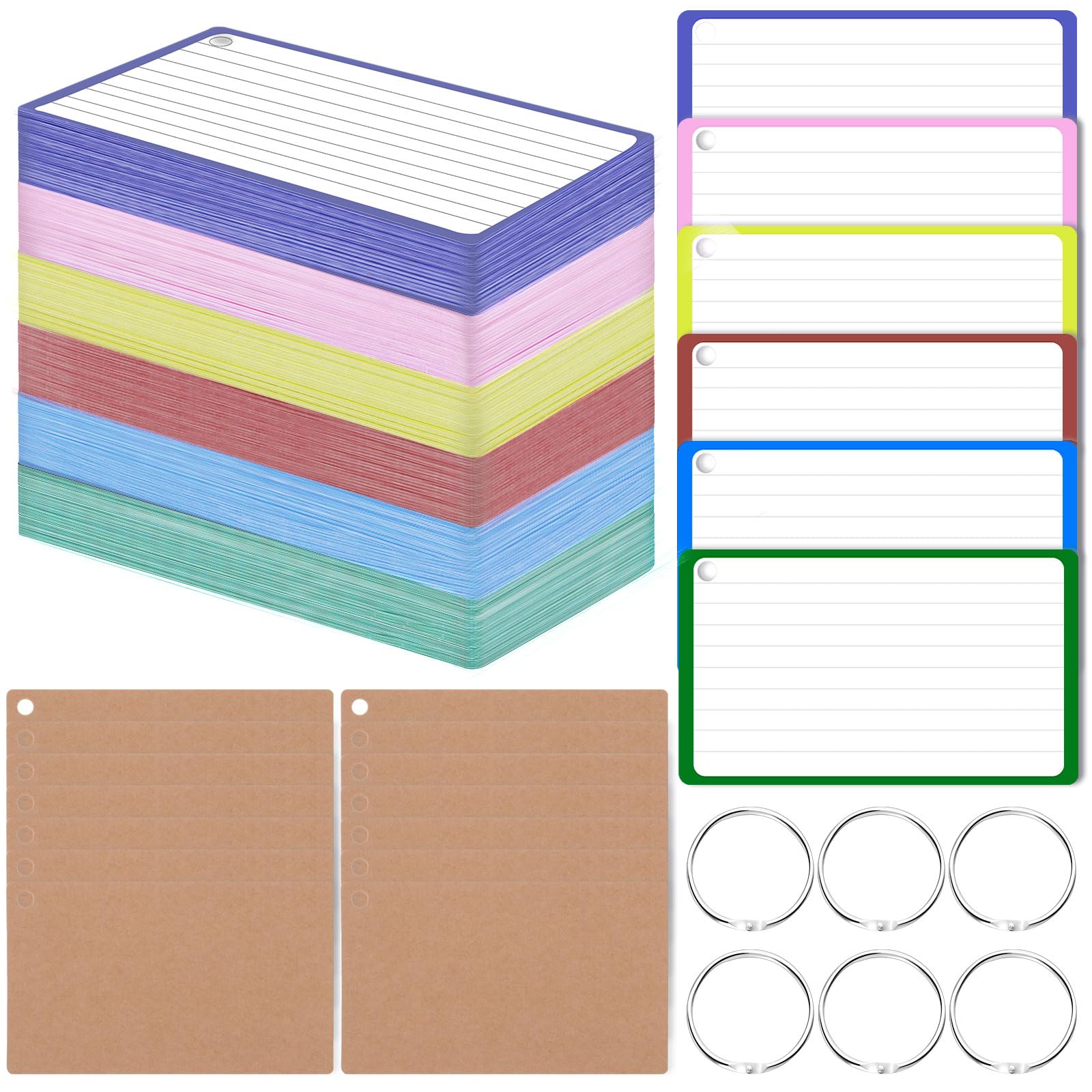 Flash Cards,360 Pcs Colored Index Cards 3x5 Inch Ruled Flashcards with Ring and Kraft Paper, Study Cards Revision Cards for Taking Notes Study Office School