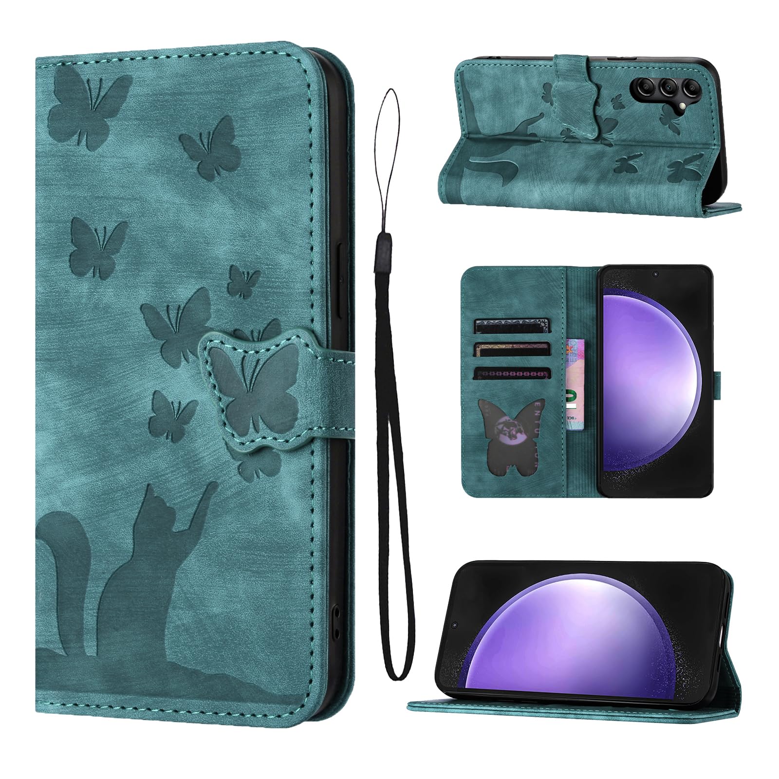 LSPCASA Phone Case for Galaxy S23 FE 6.4 inch Premium PU Leather Material with Card Slots Cat Butterfly Pattern Galaxy S25 FE Phone Case,Green