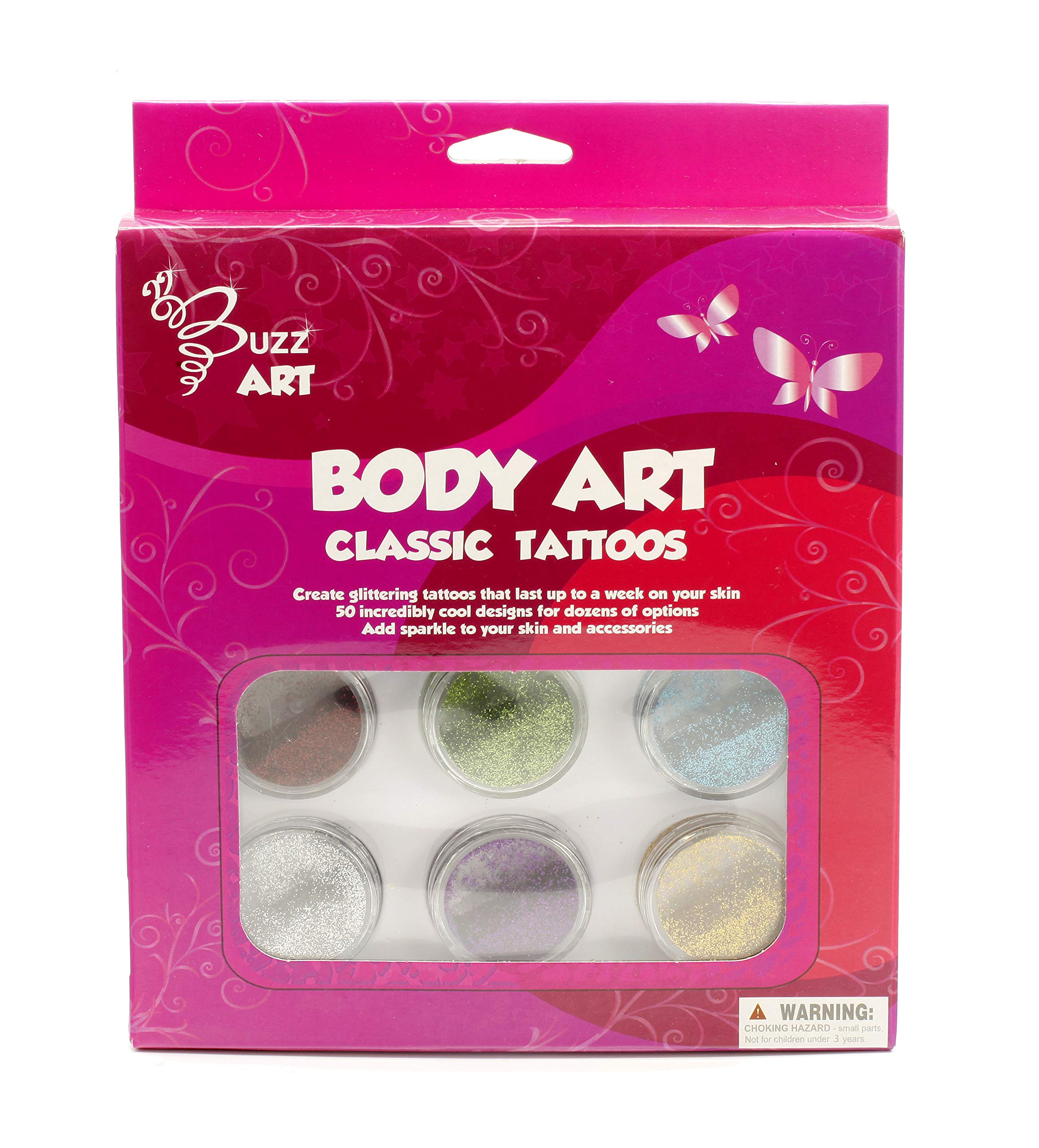 Body Art Tattoos - Classic – Glitter Tattoo Kit with 6 Shimmer Colors, Long-Lasting Temporary Body Art for Kids & Adults, Easy to Apply