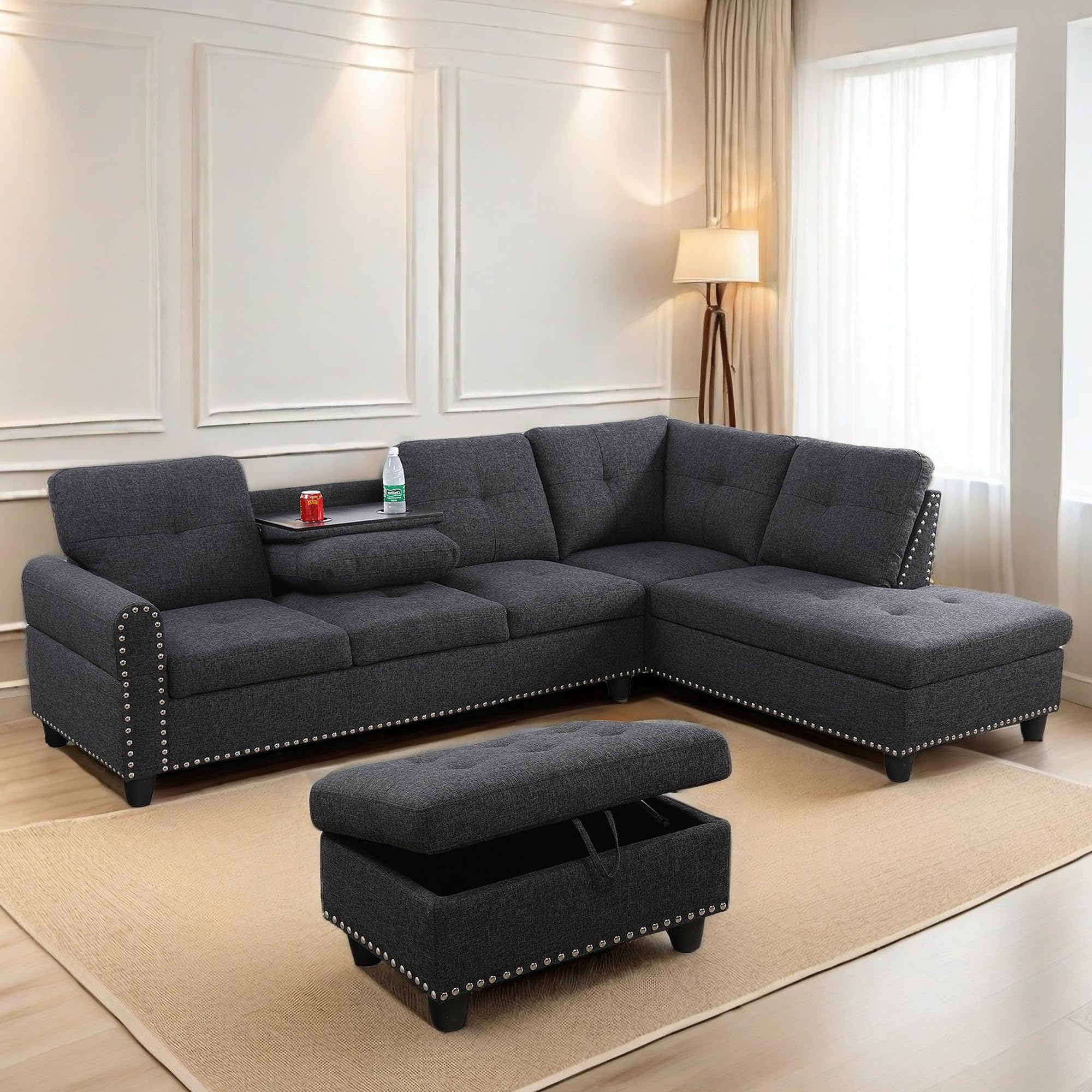 Photo 1 of ********3 piece set******GlasFlength L Shaped Sectional Sofa with Ottoman, Nail-Head Design Linen Right Facing Modern Couches with Cup Holder for Living Room, Bedroom, Office