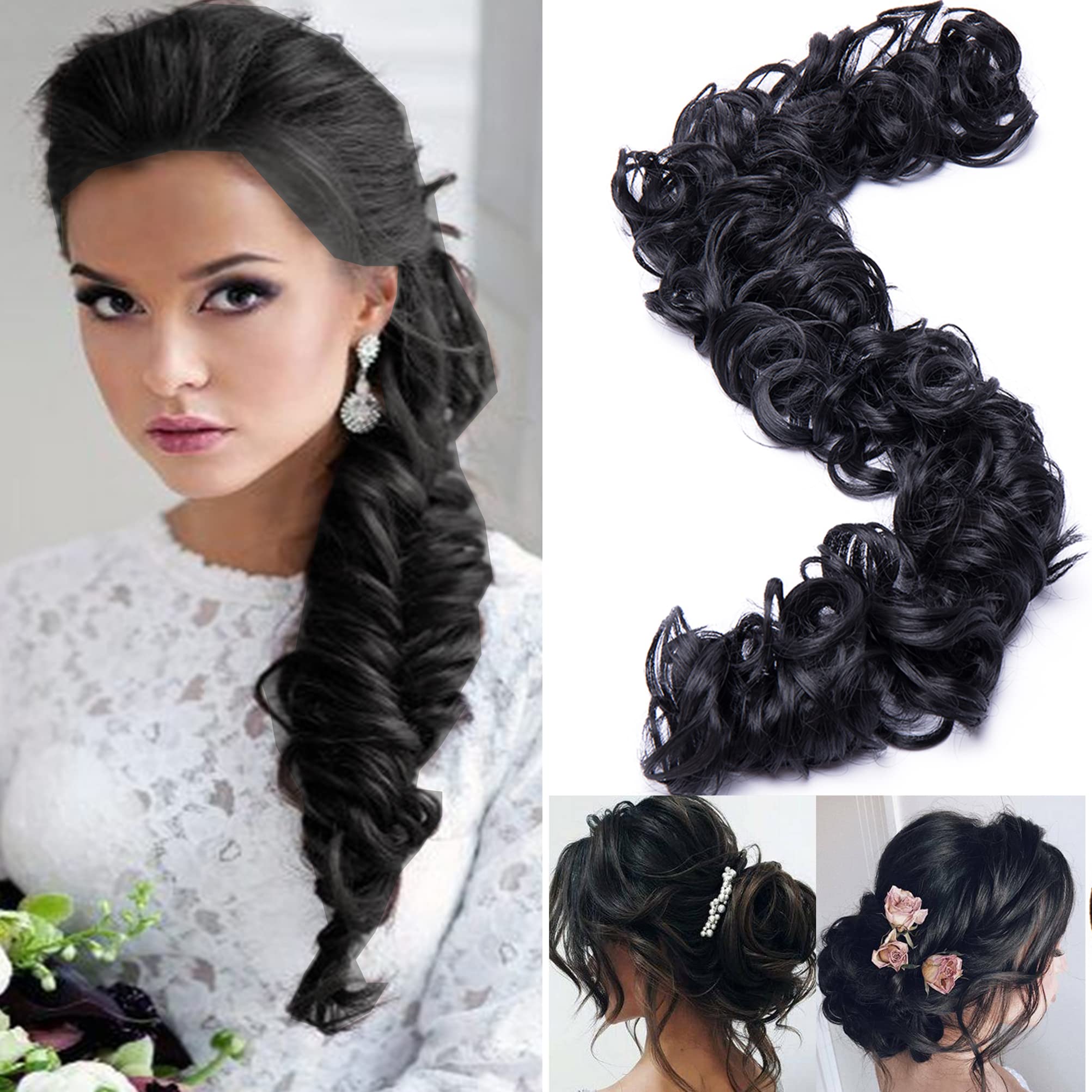 Long Bun Maker DIY Ponytail Extensions Synthetic Hair Tousled Updo Chignon Scrunchie Band in Black