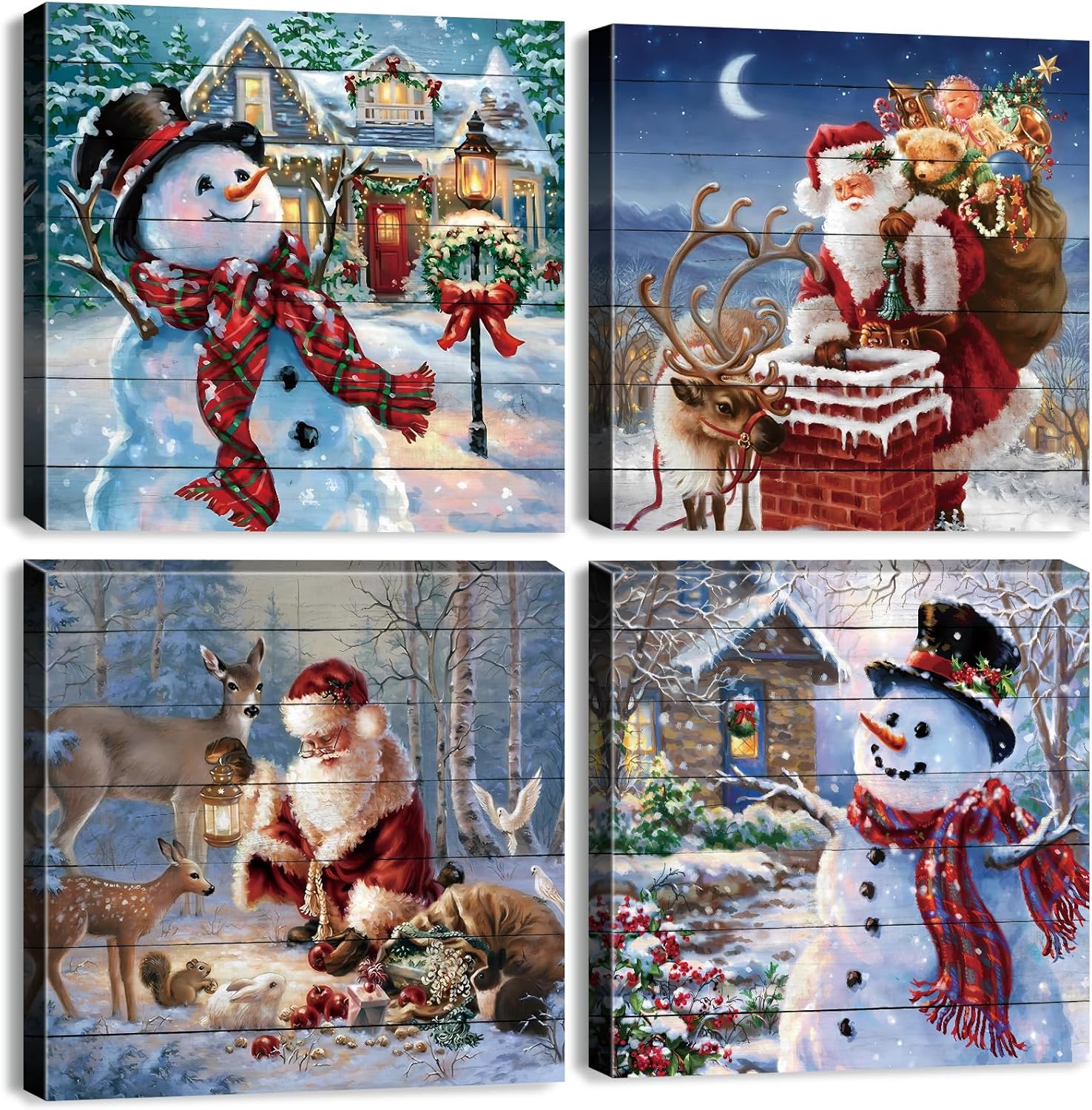 Wall Décor - Christmas Wall Art Snowman Santa Claus Canvas Pictures Christmas Home Decorations Watercolor Deer Painting Winter Red Cottage Wall Decor for Living Room Bedroom Xmas Party Artworks Gifts 12x12