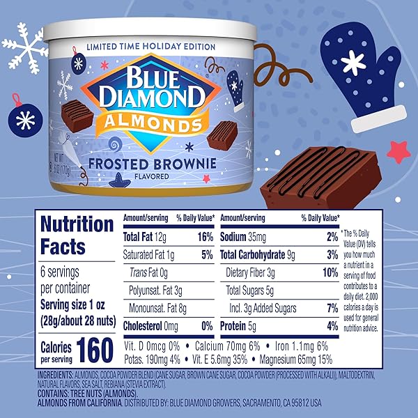BLUE DIAMOND ALMONDS, HOLIDAY FROSTED BROWNIE FLAVORED SWEET SNACK NUT ALMONDS PERFECT SIZE FOR ON-THE-GO, HOLIDAYS AND GATHERINGS, LUNCH, ADULTS AND KIDS, 6OZ CAN