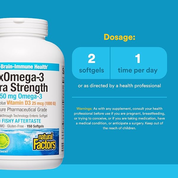 NATURAL FACTORS RXOMEGA-3 ULTRA STRENGTH – BRAIN & HEART HEALTH SUPPORT – EYE HEALTH SUPPLEMENT WITH EPA & DHA – SUPPLEMENT WITH OMEGA-3 FATTY ACIDS & VITAMIN D3-150 SOFTGELS (75 SERVINGS)