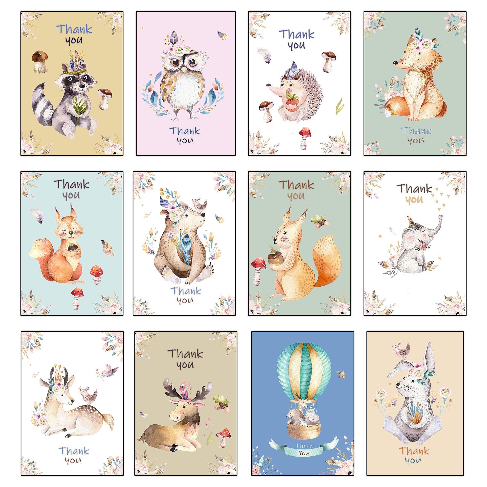 Recycled Thank You Cards - 12 Folding Animal Thank You Cards with Matching Green Recycled Envelopes