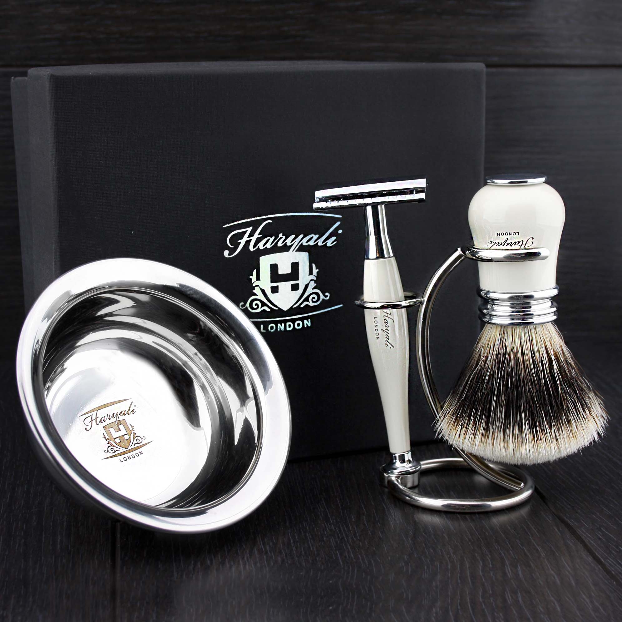 Haryali London, 4 Pcs Men Shaving Set – Classic Wet Shaving Kit with Double Edge Razor, Silver Tip Shaving Brush, Shaving Stand & Stainless Steel Bowl – Traditional Shaving Tools for Smooth Shaves