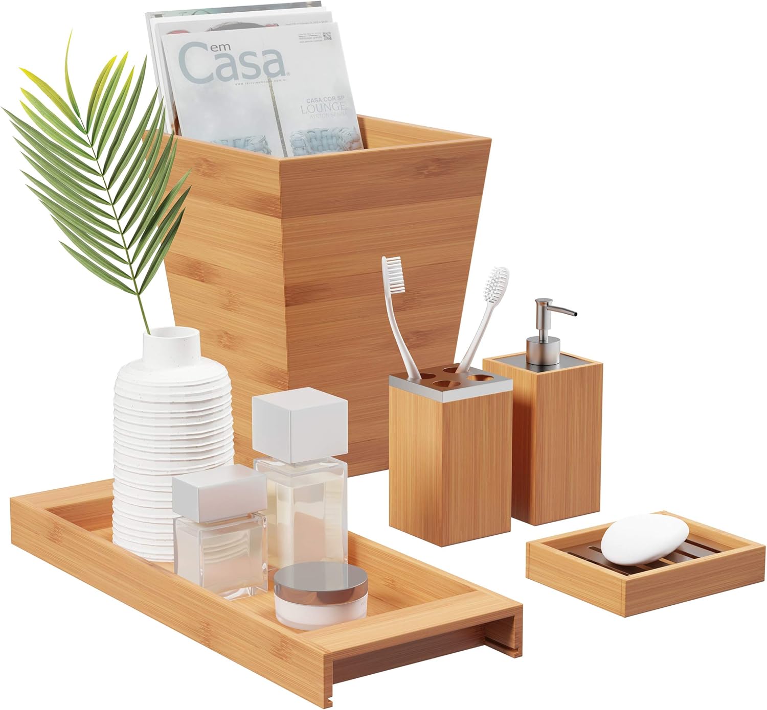 Lavish Home Bamboo Bath Accessories-5-Piece Set Natural Wood Tray Lotion Dispenser, Soap Dish, Toothbrush Holder, Wastebasket-Bathroom and Vanity: Home & Kitchen