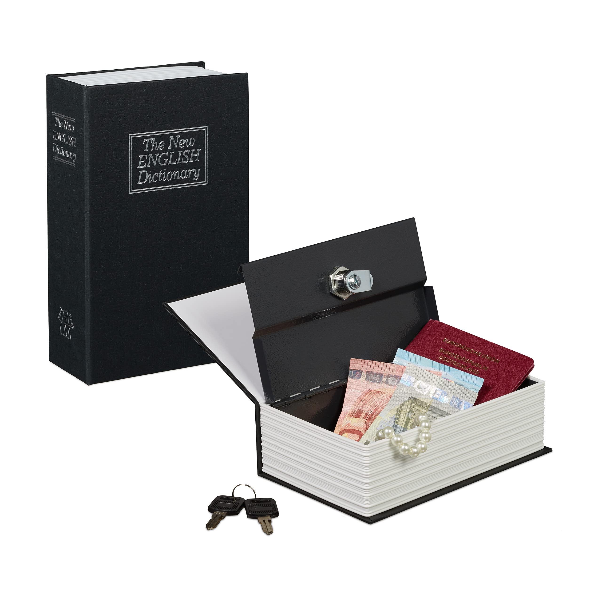 Relaxdays Book Safe with Key, Small, in Book Shape, Steel Compartment, 18 x 11.5 x 5.5 cm, Black