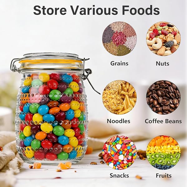ICESIP GLASS JARS WITH AIRTIGHT LIDS, 6PACK 32OZ WIDE MOUTH MASON JAR WITH CLAMP LIDS, FOOD CONTAINERS FOR GRAINS, NUTS, NOODLES, COFFEE BEANS, SNACKS, FRUITS, POLKA DOTS