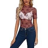 AISEW Womens Mesh Sheer Long Sleeve Crop Tops Mock Neck Sexy See Through Tee Shirts Lace Floral Y2K Layering Top Blouses