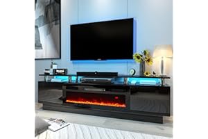 Breezestival Fireplace TV Stand with Two Hinged Doors for TVs UP to 80", Modern Electric Fireplace Entertainment Center with LED Lights & Storage Cabinets, TV Stand for Living Room, 70" Black
