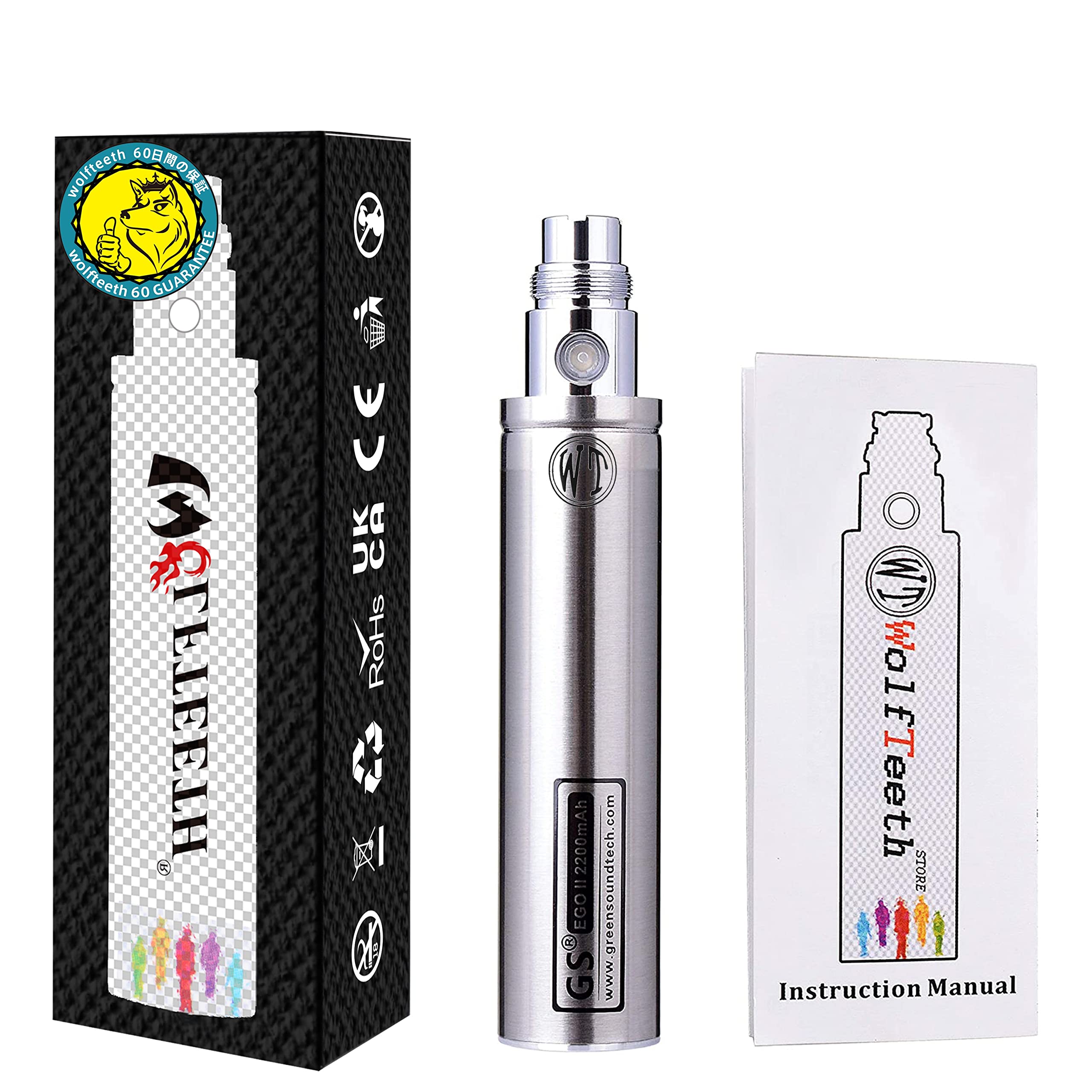 WOLFTEETH Genuine GS EGO II 2200mAh Huge Battery 510 E-Shisha E-Cigarette Lumia Edition (0ml Nicotine Free/Silver 10401 WT)