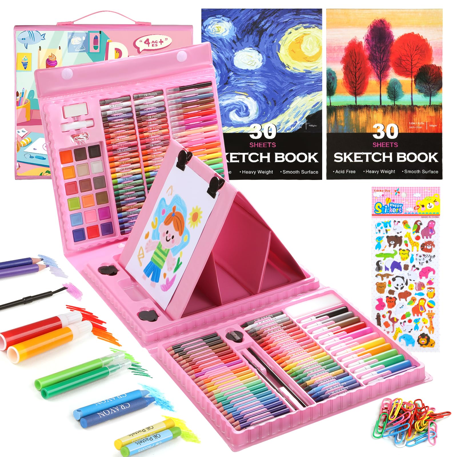 Photo 1 of 237-Piece Kids Art Set with Double-Sided Easel, Painting Kits for Kids Ages 4-8, Non-Toxic Art Supplies for Girls & Boys, Drawing Set with Watercolor, Oil Pastels, resent for Young Artists-Pink