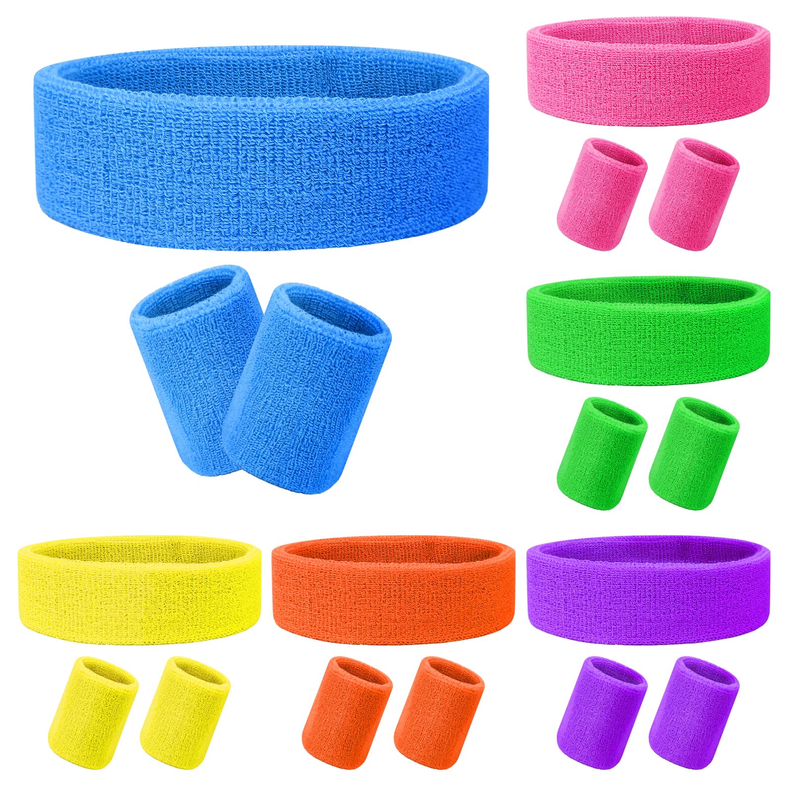 18 Pcs Neon Sweatbands Set Includes 6 Pcs Sports Elastic Athletic Headband and 12 Pcs Wrist Sweatband, Absorbing 80s Sweat Band for Men Women