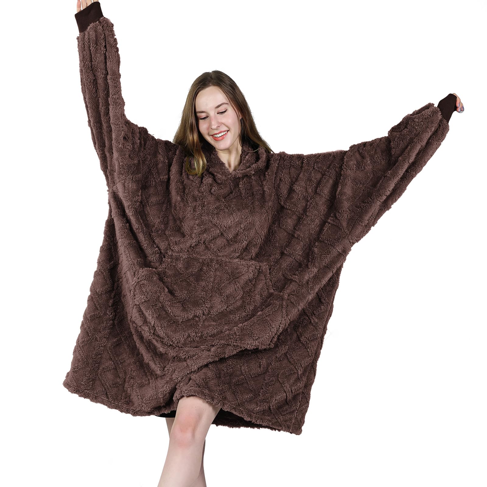 MIZZEO Microfiber Wearable Blanket, Oversized Light Wearable Blanket Hoodie for Adults, Cozy Soft Warm Plush Hooded Blanket Gifts for Women, One Size Fits All (Brown) Image