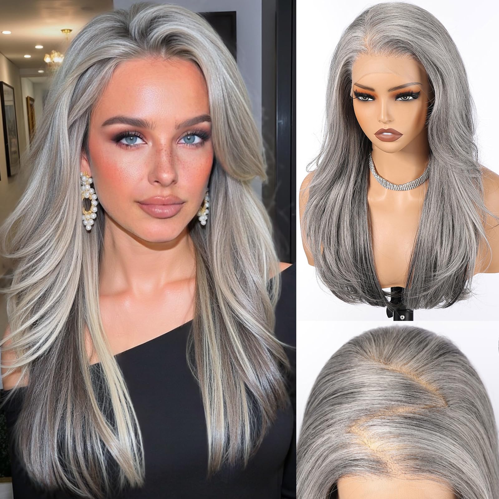 Photo 1 of HAIRCUBE Layered Grey Lace Front Wig, 13X6 HD Glueless Heat Resistant Synthetic Wig, 22 Inch Long Straight Hair for Women Daily Use