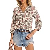 LOMON Womens Tops Dressy 3/4 Length Sleeve Henley V Neck Button Down Shirts Pleated Blouses S-XXL