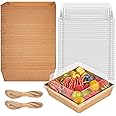 ZORRITA 50 Pack 5 Inch Paper Charcuterie Boxes with Clear Lids, Square To Go Cake Slice Containers Small Kraft Bakery Boxes for Dessert, Cookies, Sandwich, Strawberries (Brown)