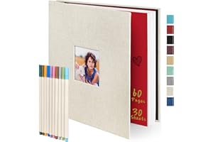 COLEMOLY Photo Album 60 Self-Stick Pages (11x10.6inch) Beige Linen for 2x3 3x5 4x6 5x7 6x8 8x10 Pictures with 10 Metallic Pen, Magnetic Scrapbook Album for Your Family and Friends