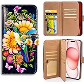 Bcov Case for iPhone 16 Plus,Hummingbird Butterfly Flowers Multifunction Leather Phone Case Wallet Flip Cover with Multi Card Slots Pocket Wrist Strap for Apple iPhone 16 Plus