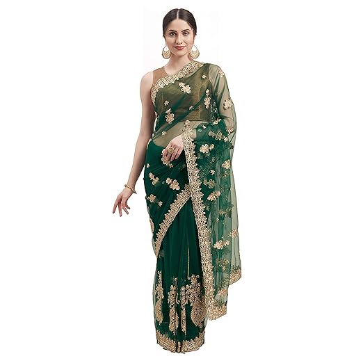 Womanista net with Blouse Piece Saree (TI1221_ Dark Green_ Onesize)