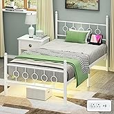 Jenmit Twin Bed Frames with Headboard, LED Bed Frame with Charging Station, Metal Platform, Under-Bed Storage, No Box Spring Needed, Noise Free, Easy Assembly, White