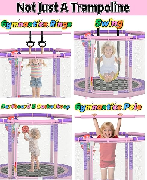LANGXUN 60″ TRAMPOLINE FOR KIDS, 5FT TODDLER MINI 6-IN-1 TRAMPOLINE INDOOR OUTDOOR WITH SWING, BASKETBALL HOOP, DART BOARD, RINGS, CHRISTMAS TOYS BIRTHDAY GIFTS FOR GIRLS BOYS