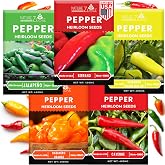 Hot Pepper Seeds for Planting, Cayenne, Hungarian Yellow, Jalapeno, Serrano, Habanero Orange, Heirloom Pepper Seeds Variety Pack, NonGMO, Made in USA
