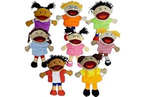 4E's Novelty Multicultural Hand Puppets for Kids - 8 Pack with Movable Mouth, Bulk Soft Plush Puppets for Kids Ages 4-8, for School Home Theater Shows, Teachers Classroom Supplies