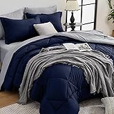 HEVUMYI Twin Comforter Set - 5-Piece All Season Bed in a Bag Twin, Ultra Soft Bedding Set with Comforter, Flat Sheet, Fitted Sheet, Pillowcases, Pillow Shams, Navy Blue & Light Grey