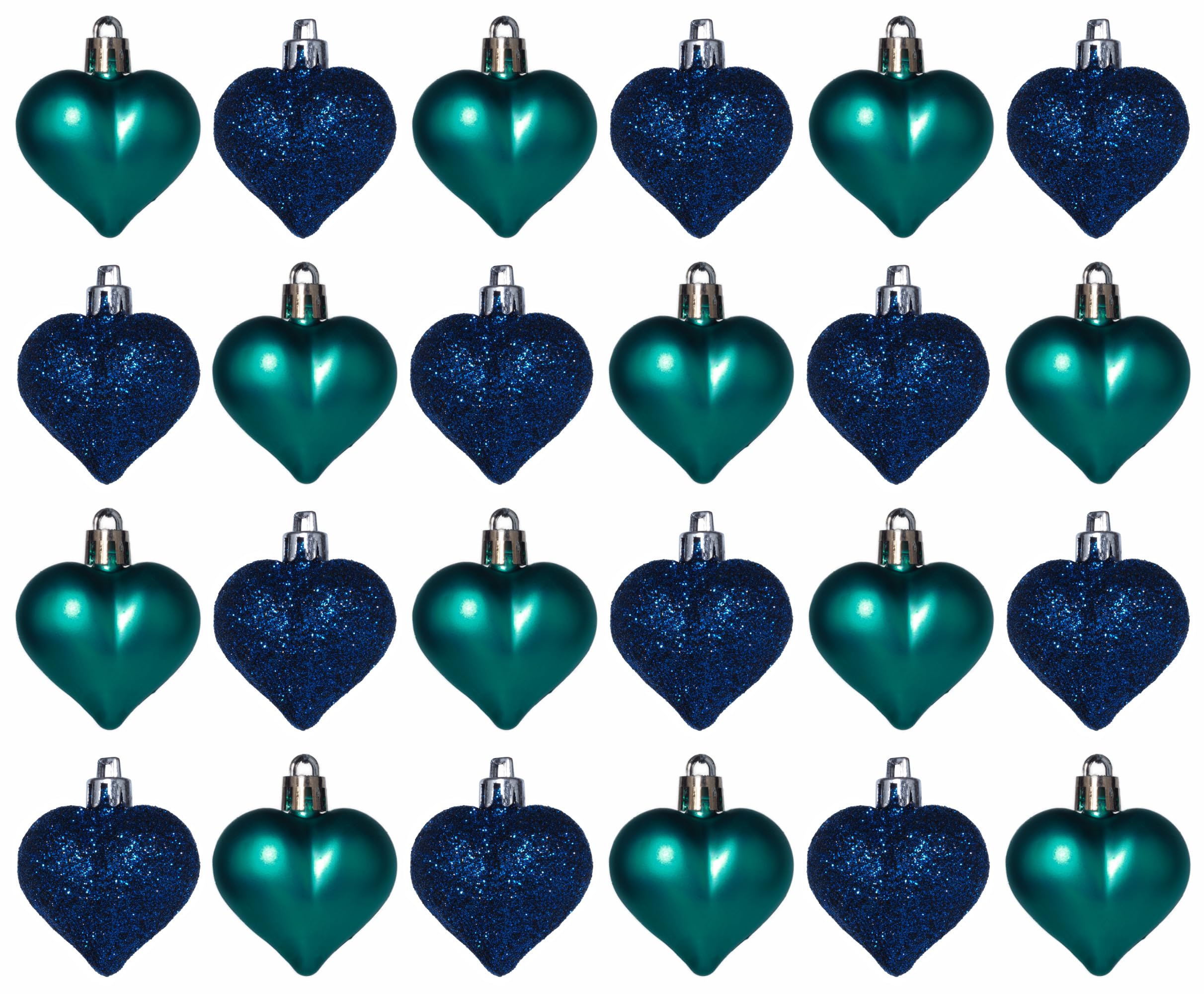 Christmas Tree Heart Baubles Decorations - Kingfisher Teal Navy Blue - Set of 24