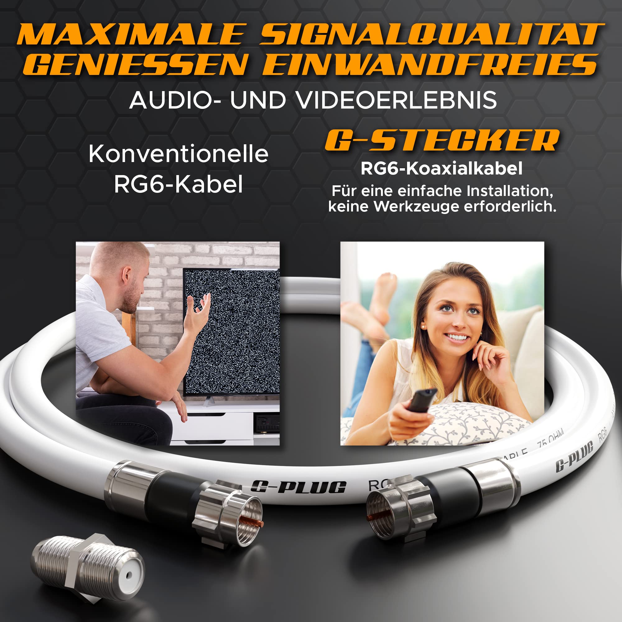 G-PLUG 2m Koaxialkabel RG6 – 135dB 4-fach geschirmt mit vergoldeten Steckern & Gummi-O-Ring – Antennenkabel für DVB-T2, DVB-C, DVB-S2 – HDTV 4K 3D – wasserdicht – Weiß 6