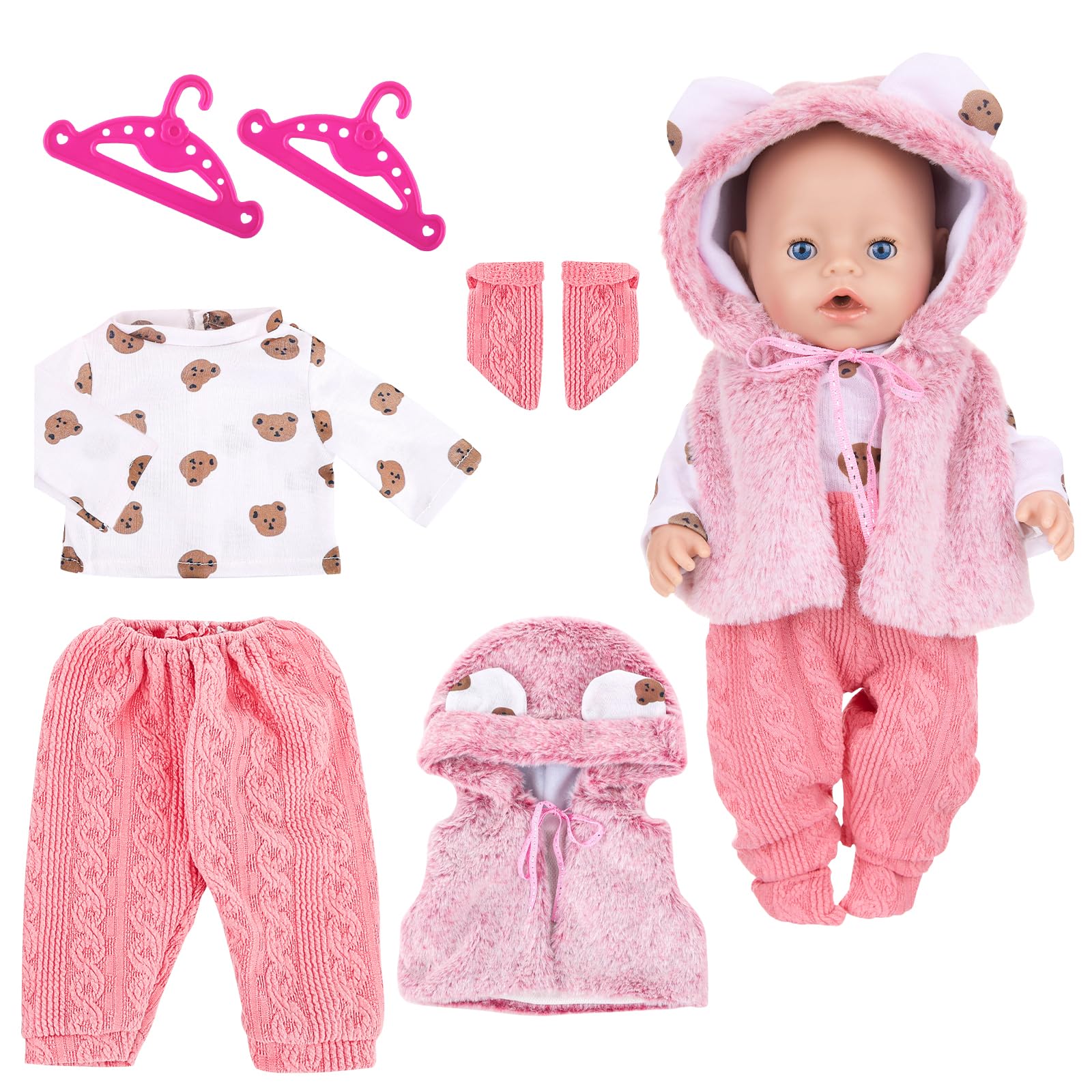 WanderGo Baby Doll Clothes for 35-43 cm Dolls, 6-Piece Outfit Including Vest + Top + Pants +1 Pair of Socks +2 Clothes Hangers, Little Bear Doll Clothes for 14-18 Inch Dolls (Doll Not Included)