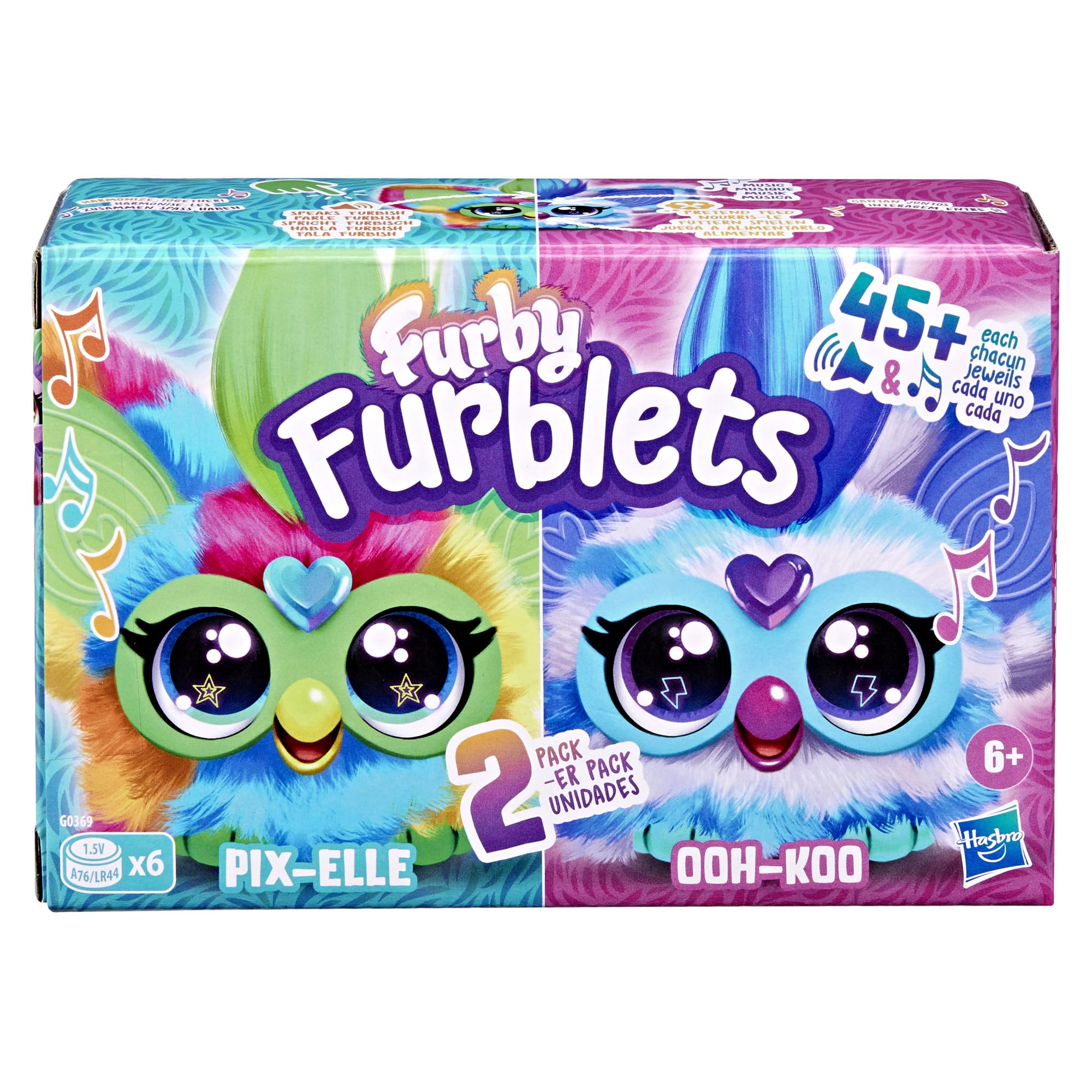 Furby Furblets 2-Pack, Mini Friends Pix-Elle & Ooh-Koo, 45+ Sounds Each, Music & Speaks Only Furbish, Electronic Plush Toys, Multicolor & Blue/White, Back to School Gifts, Ages 6+ (Amazon Exclusive)