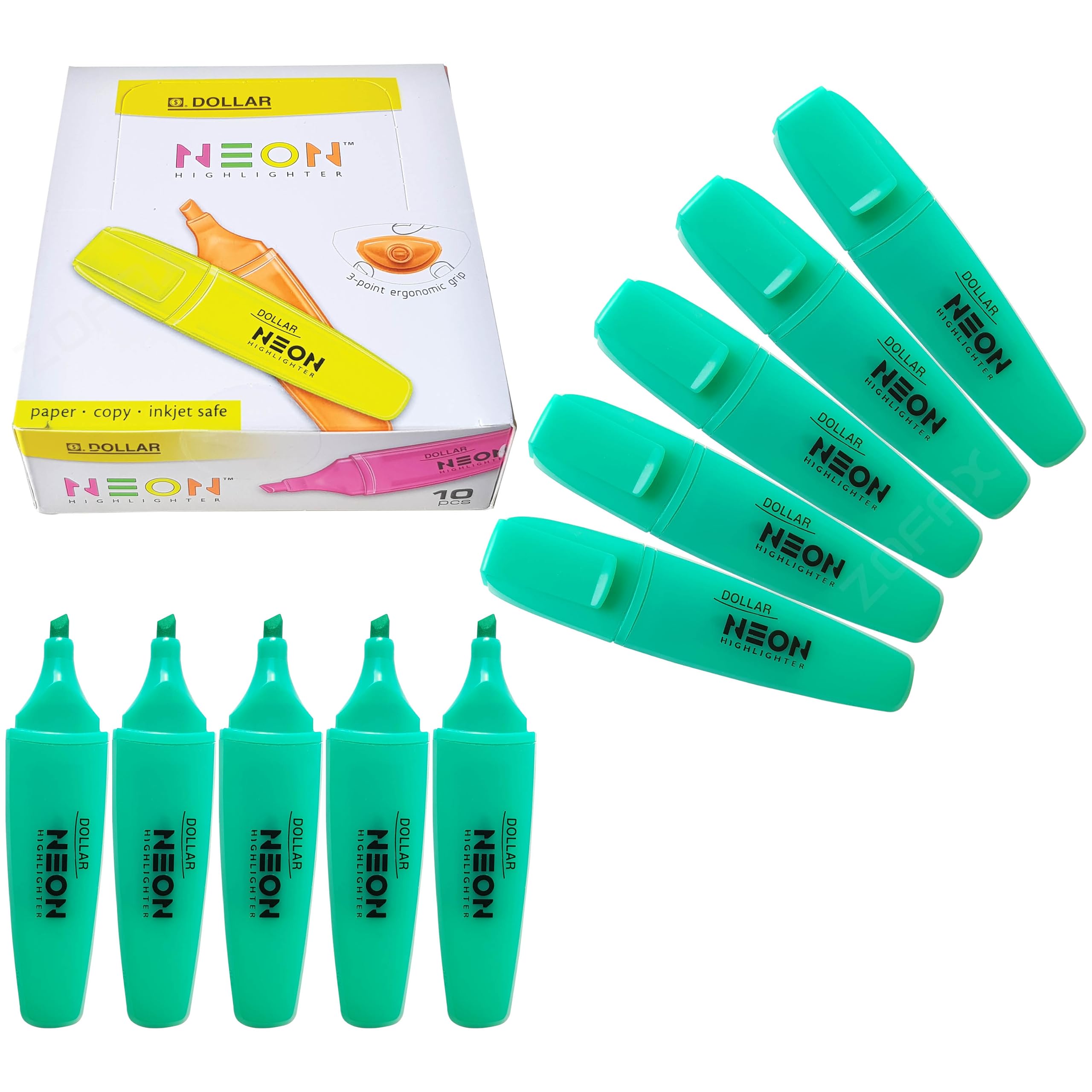 DOLLAR HL625 Neon Fluorescent Highlighter Pens, TURQUOISE, Pack of 10, Chisel Tip (5.0mm), 3-Point Grip, Multipack, Fast-drying, School Office Home Highlighters